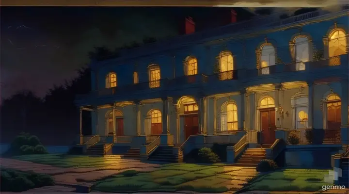 a painting of a large house at night