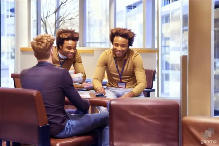 two men sitting at a table talking to each other