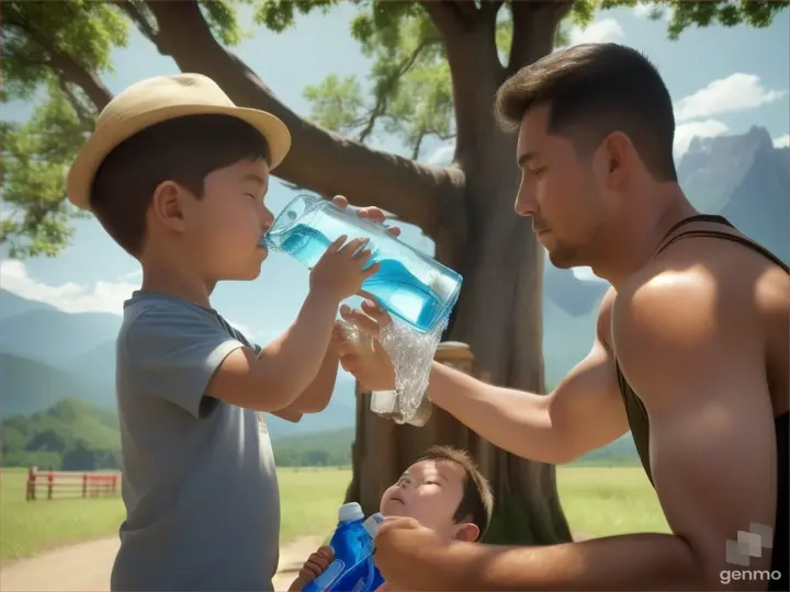 a man helping a young boy and young boy drink water