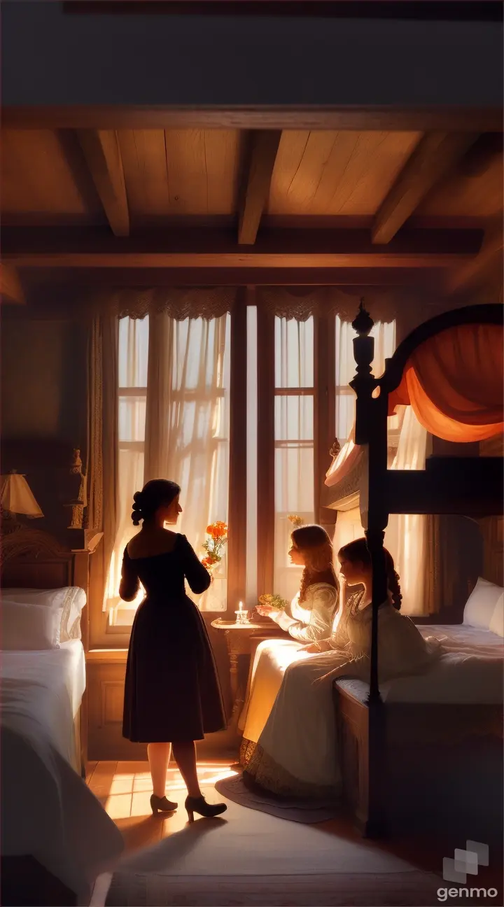 Two women in a tiny medieval attic bedroom. Silhouette 👤