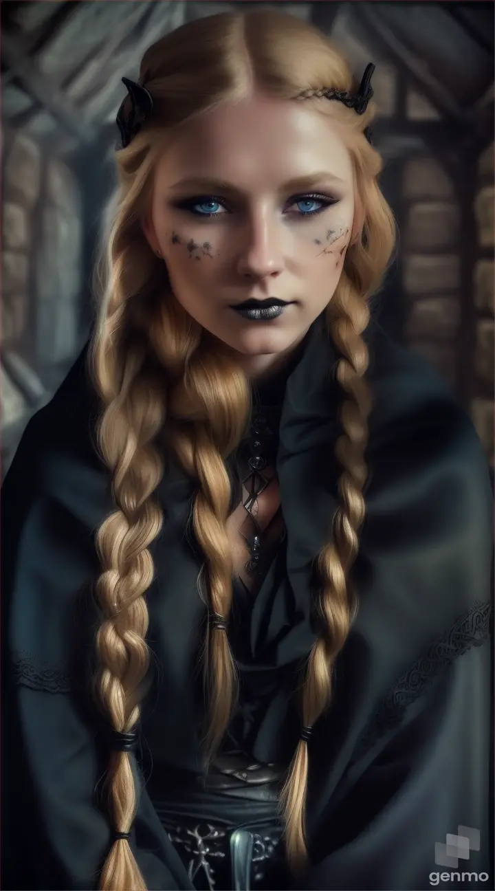 Close up of a beautiful woman with a large bloody cut on her cheek, long blonde braid, blue eyes, wearing all black and a black cloak, sitting in a tiny medieval attic bedroom 