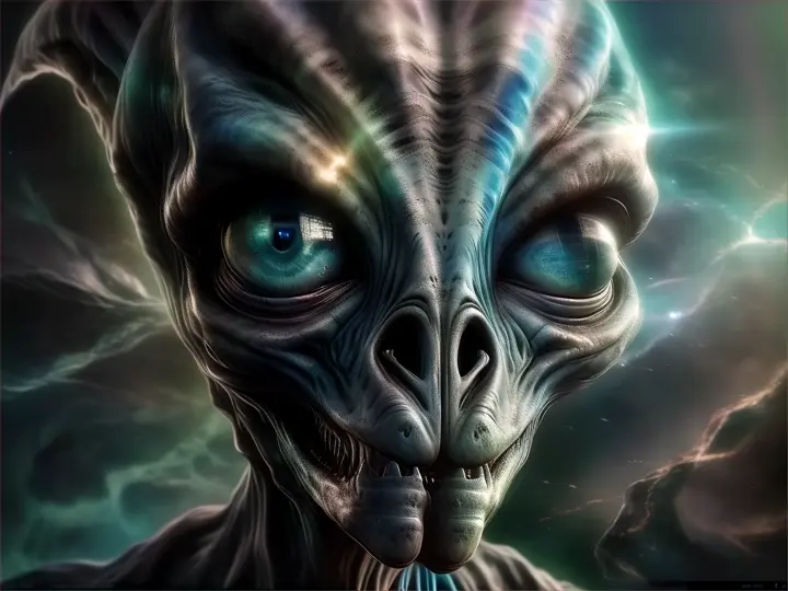  an alien face with blue eyes, FACE MOVES AND ALIEN IS TALKING REALISTIC 8K SHOWING HIS MENACING TEETH 