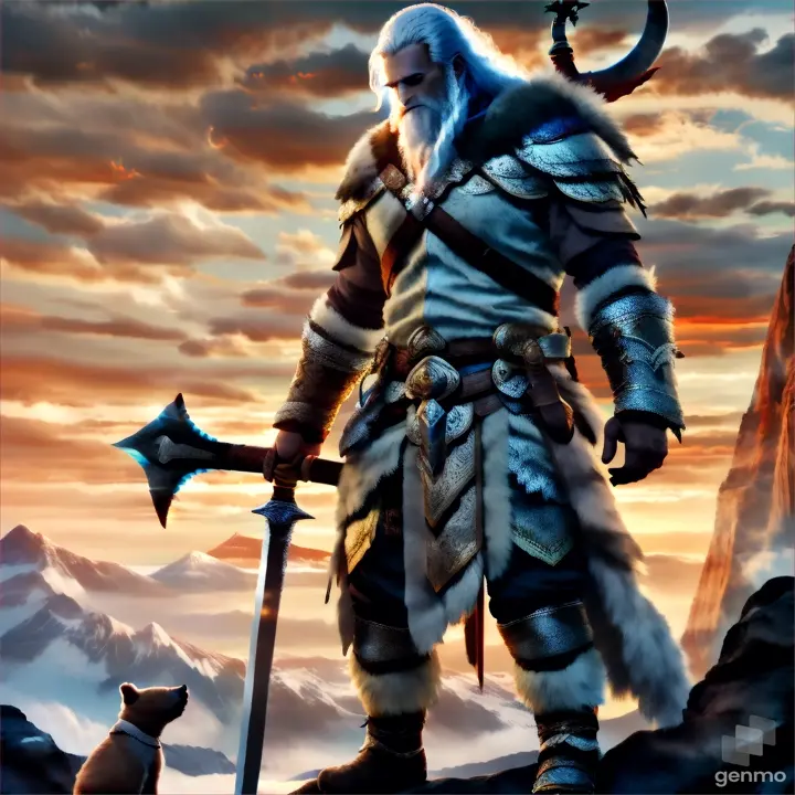 a man with a sword standing on top of a mountain