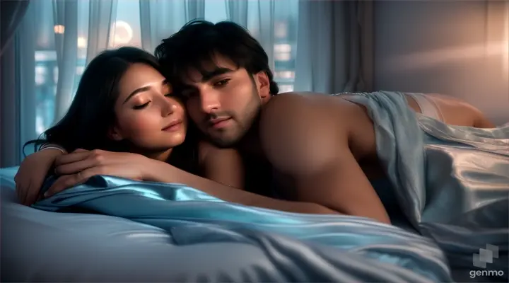 Couple lying on a bed, gazing out of a window at a bright full moon, surrounded by blue and silver tones, draped in soft fabric and dynamic light and shadow