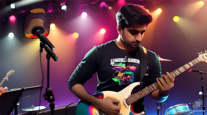 a Pakistani guy in a rock band setup singing ( behind the guy three guys playing music instruments ) on stage with neon background, full view