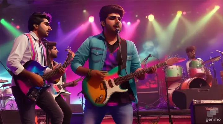 a Pakistani guy singing in a rock band setup  ( behind the guy three guys playing music instruments ) on stage with neon background, full view of stage