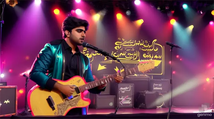 a Pakistani guy singing in a rock band setup  ( behind the guy three guys playing music instruments ) on stage with neon background, full view of stage