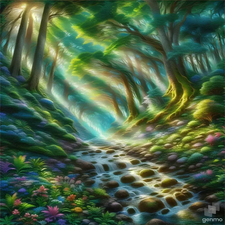 a painting of a stream running through a forest