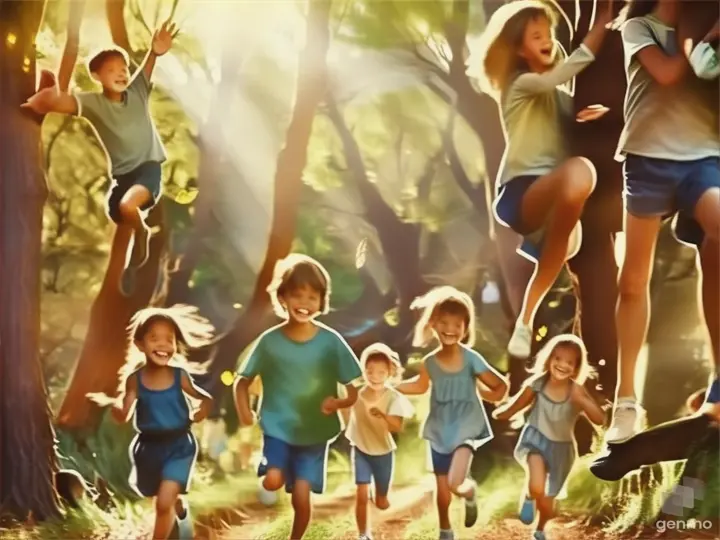 a group of children running through a forest