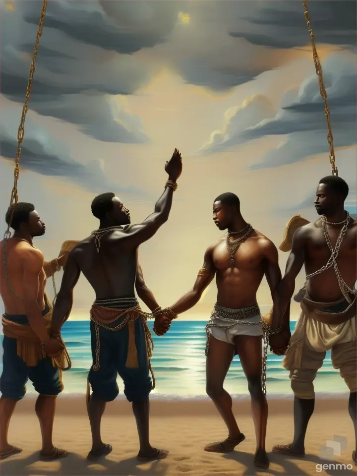 A realistic painting of group of black men slaves in chains at the coast holding hands Fighting for freedom