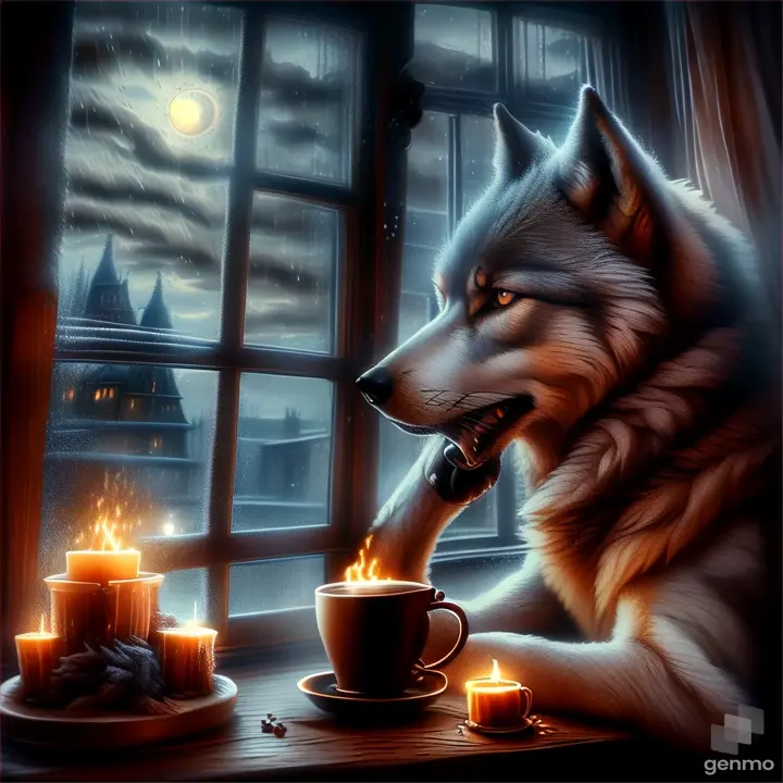 a wolf sitting in front of a window with a cup of coffee