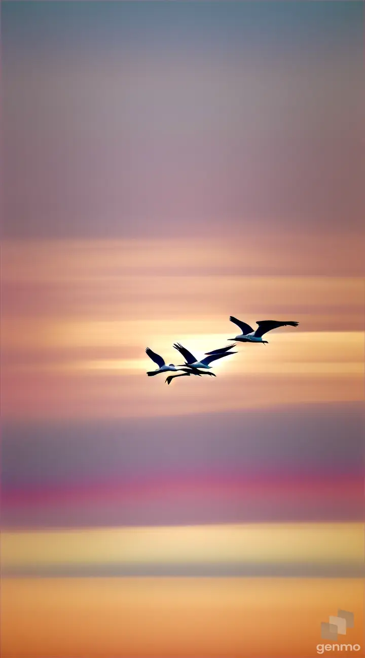 Silhouette of pelicans against a pastel minimalist horizon
