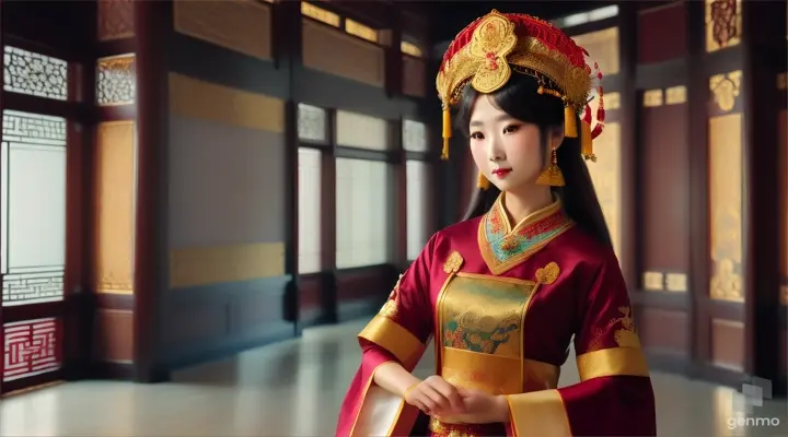 The image shows a character with a blurred face. Surrounded by the environment of the Chinese Dynasty Hall, the character is a beautiful female neck, sleeve, makeover, kimono, fashion design, beauty, jewellery, event, shimada, tradition dressed in a costume and headdressemperor, smiling happily. The head of the person in the picture was covered. There is a crown-like ornament on the head that looks luxuriously decorated. It had a luxuriously decorated appearance, with long flowing hair, large blue eyes, a slight smile, and wearing exquisite gold jewelry. horizontal image