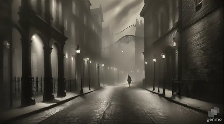 image size 16:9 , Victorian-era for  Shadows dance on cobbled streets, a scream pierces the night
A summons for the one who seeks the hidden light