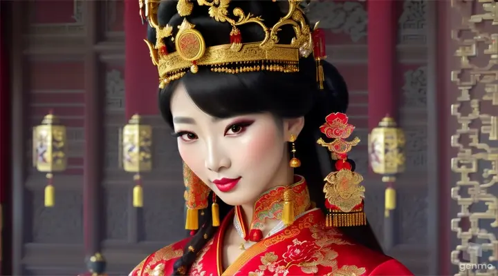 The image shows a character with a blurred face. Surrounded by the environment of the Chinese Dynasty Hall, the character is a beautiful female neck, sleeve, makeover, kimono, fashion design, beauty, jewellery, event, shimada, tradition dressed in a costume and headdressemperor, smiling happily. The head of the person in the picture was covered. There is a crown-like ornament on the head that looks luxuriously decorated. It had a luxuriously decorated appearance, with long flowing hair, large blue eyes, a slight smile, and wearing exquisite gold jewelry. horizontal image