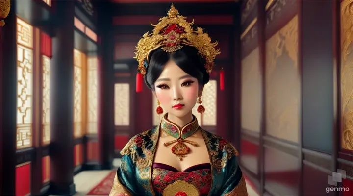 The image shows a character with a blurred face. Surrounded by the environment of the Chinese Dynasty Hall, the character is a beautiful female neck, sleeve, makeover, kimono, fashion design, beauty, jewellery, event, shimada, tradition dressed in a costume and headdressemperor, smiling happily. The head of the person in the picture was covered. There is a crown-like ornament on the head that looks luxuriously decorated. It had a luxuriously decorated appearance, with long flowing hair, large blue eyes, a slight smile, and wearing exquisite gold jewelry. horizontal image