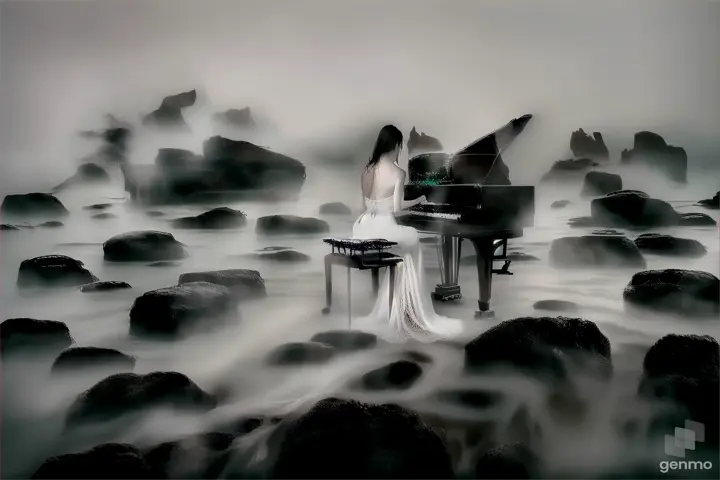 Lucifer as an elegant woman in a white dress sitting at a piano slowly turning to reveal her evil face