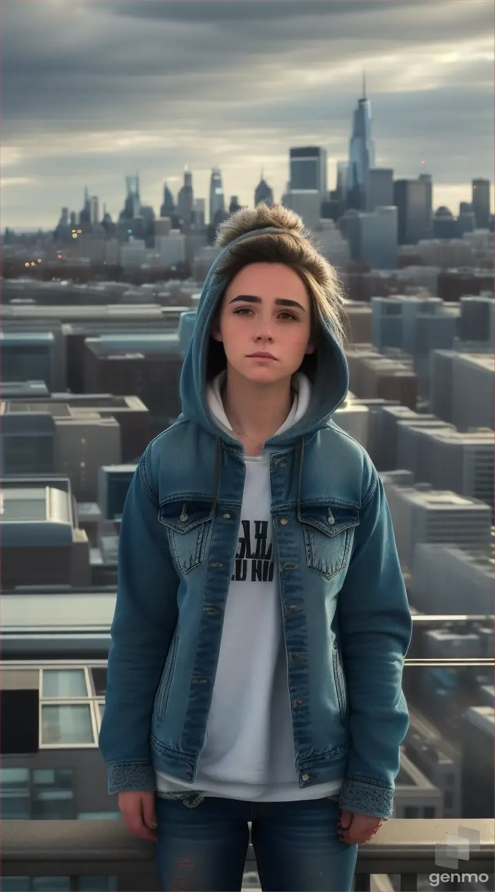 Imagine a poignant scene unfolding on the rooftop of a towering high-rise: a young woman, reminiscent of a homeless punk-rock soul, clad in denim shorts, a worn hoodie, and a dusty jacket, sits at the precipice. Adorned with intricate Celtic tattoos, her tears cascade like inky rivulets down her cheeks, staining the evening air with sorrow. Imagine a poignant scene unfolding on the rooftop of a towering high-rise: a young woman, reminiscent of a homeless punk-rock soul, clad in denim shorts, a worn hoodie, and a dusty jacket, sits at the precipice. Adorned with intricate Celtic tattoos, her tears cascade like inky rivulets down her cheeks, staining the evening air with sorrow. A homeless punk-rock girl, tattooed with Celtic patterns, weeps red tears on the edge of a high-rise. DALL-E 3 captures the futuristic, melancholic scene in high detail, in gray Polish PRL block-style, evoking a haunting beauty amidst sorrow.