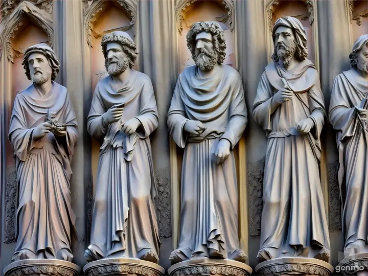 a group of statues on the side of a building coming to life