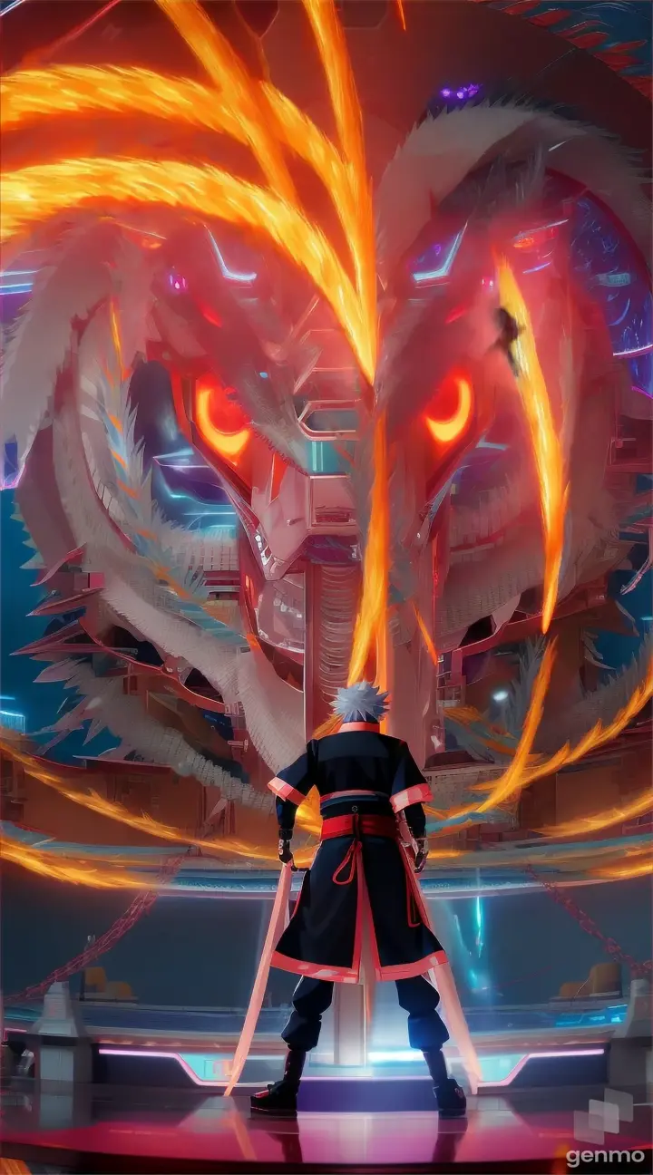 Minato Namikaze taking down the robotic dragon with a precise, strategic strike in a futuristic, high-tech laboratory