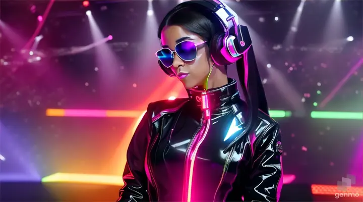 A female DJ in sunglasses, sparkling headphones and a latex jumpsuit with a large neckline, plays techno music, dances and sings a lot of people in the club. Laser beams of bright colors on the background of large television screens. 
