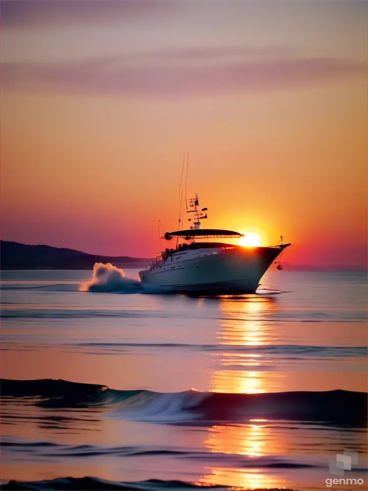 A stylized silhouette of a boat speeding across a tranquil seascape at sunset, the moon just above the horizon