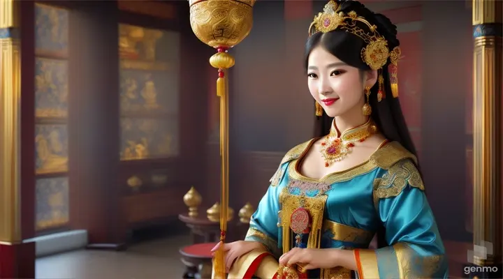 The image shows a character with a blurred face. Surrounded by the environment of the Chinese Dynasty Hall, the character is a beautiful female neck, sleeve, makeover, kimono, fashion design, beauty, jewellery, event, shimada, tradition dressed in a costume and headdressemperor, smiling happily. The head of the person in the picture was covered. There is a crown-like ornament on the head that looks luxuriously decorated. It had a luxuriously decorated appearance, with long flowing hair, large blue eyes, a slight smile, and wearing exquisite gold jewelry. horizontal image