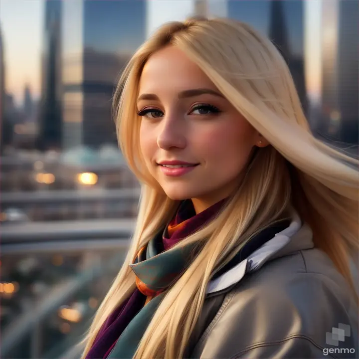 lively natural European girl, her blonde hair fluttering in the wind and a silky scarf, a high-tech cityscape with skyscrapers is visible on the horizon. girl's face: full face.