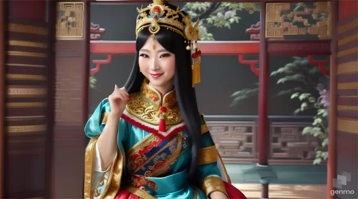 The image shows a character with a blurred face. Surrounded by the environment of the Chinese Dynasty Hall, the character is a beautiful female neck, sleeve, makeover, kimono, fashion design, beauty, jewellery, event, shimada, tradition dressed in a costume and headdressemperor, smiling happily. The head of the person in the picture was covered. There is a crown-like ornament on the head that looks luxuriously decorated. It had a luxuriously decorated appearance, with long flowing hair, large blue eyes, a slight smile, and wearing exquisite gold jewelry. horizontal image