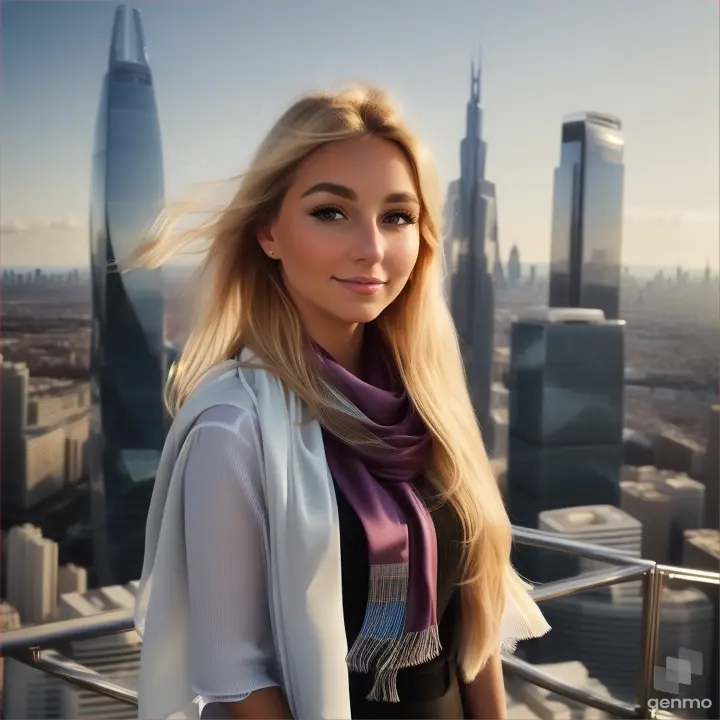 lively natural European girl, her blonde hair fluttering in the wind and a silky scarf, a high-tech cityscape with skyscrapers is visible on the horizon. girl's angle: full face.