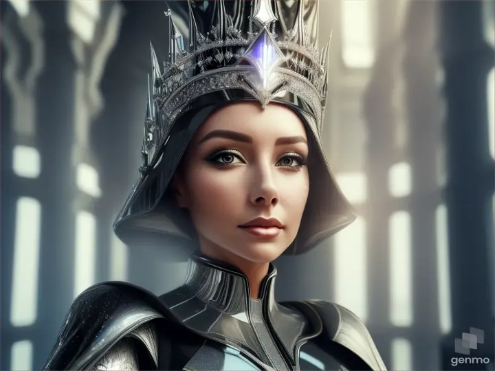 a woman in a futuristic suit with a crown on her head Darth Vader's sister wearing a metallic futuristic crown and stockings silver robes, standing tall in a gleaming glass palace