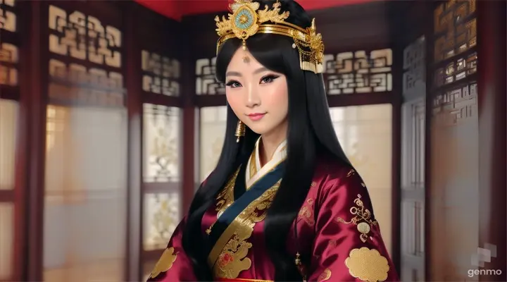 The image shows a character with a blurred face. Surrounded by the environment of the Chinese Dynasty Hall, the character is a beautiful female neck, sleeve, makeover, kimono, fashion design, beauty, jewellery, event, shimada, tradition dressed in a costume and headdressemperor, smiling happily. The head of the person in the picture was covered. There is a crown-like ornament on the head that looks luxuriously decorated. It had a luxuriously decorated appearance, with long flowing hair, large blue eyes, a slight smile, and wearing exquisite gold jewelry. horizontal image