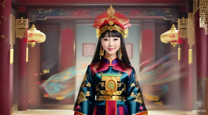 The image shows a character with a blurred face. Surrounded by the environment of the Chinese Dynasty Hall, the character is a beautiful female neck, sleeve, makeover, kimono, fashion design, beauty, jewellery, event, shimada, tradition dressed in a costume and headdressemperor, smiling happily. The head of the person in the picture was covered. There is a crown-like ornament on the head that looks luxuriously decorated. It had a luxuriously decorated appearance, with long flowing hair, large blue eyes, a slight smile, and wearing exquisite gold jewelry. horizontal image