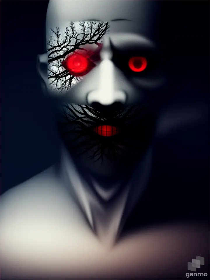 A creepy face with red eyes appearing from mystical trees, mist and fog