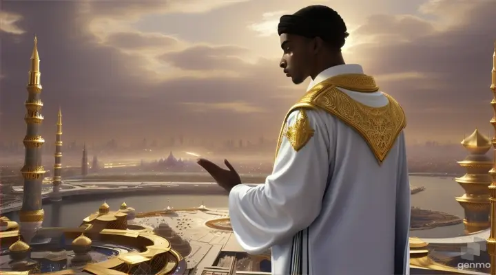 dark-skinned Black Muslim young teen boy mystic prince wearing a white Islamic robe with gold embroidery and negative hair clean-shaven face, standing in a futuristic mystical city, majestic, futuristic, using mystic powers, side profile, landscape-video size -neg-headscarf,beard,facialhair,hoodie