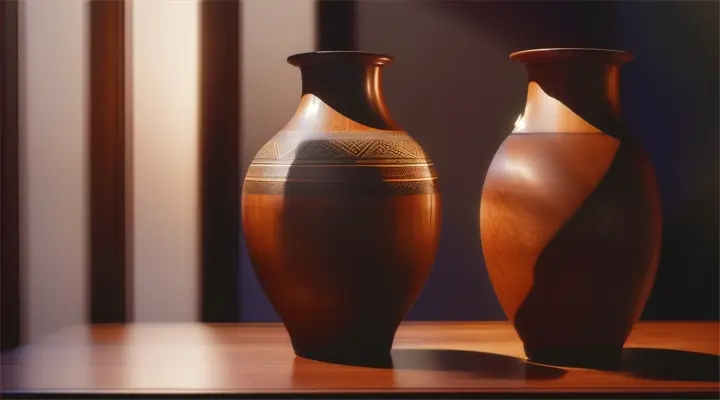 Two carved wooden vases warmly lit, with highlights on intricate details