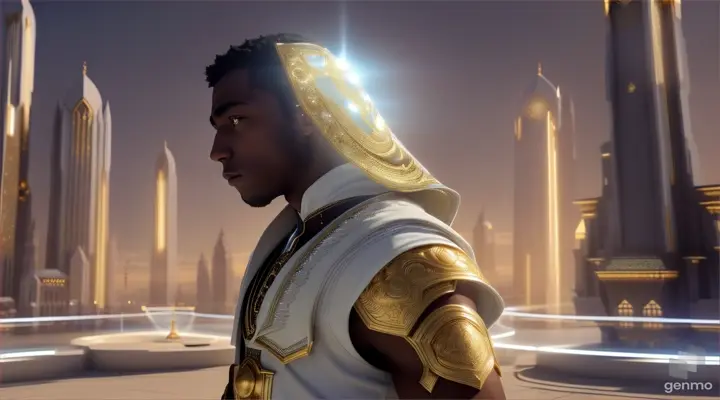 dark-skinned Black Muslim young teen boy mystic prince wearing a white Islamic robe with gold embroidery and negative hair clean-shaven face, standing in a futuristic mystical city, majestic, futuristic, using mystic powers, side profile, landscape-video size 