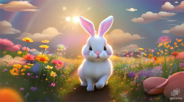 A cute bunny baby leading a procession of animals through a colorful field of wildflowers, under a rainbow sky. Style Pixar disney  3d