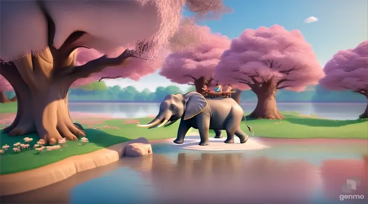 Create a funny face Elephant walking on river side, with his human kid, fantasy, 