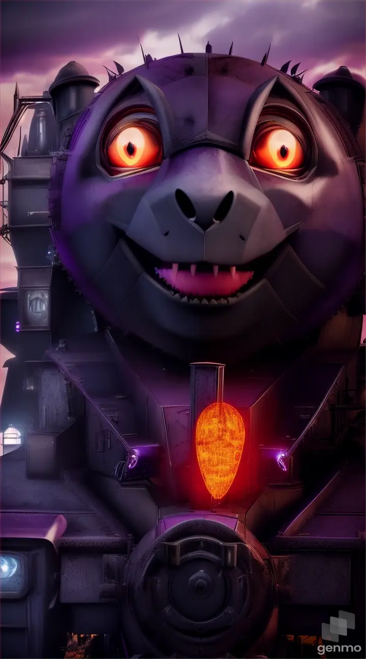 Create a scene where the Thomas Tank Engine becomes a creepy entity known as Thomas.exe with spider legs and sharp teeth. Set the atmosphere in a dark setting under a purple sky, giving an eerie vibe. This animi version of Thomas is far from the friendly train we all know, embodying a disturbing and ominous presence.