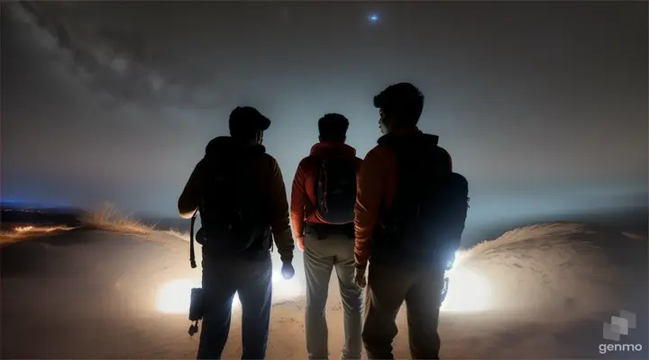5. Adult Mahesh and adult Dinesh's hobby of searching for ghosts and spirits, depicted by them holding flashlights and exploring dark areas.
