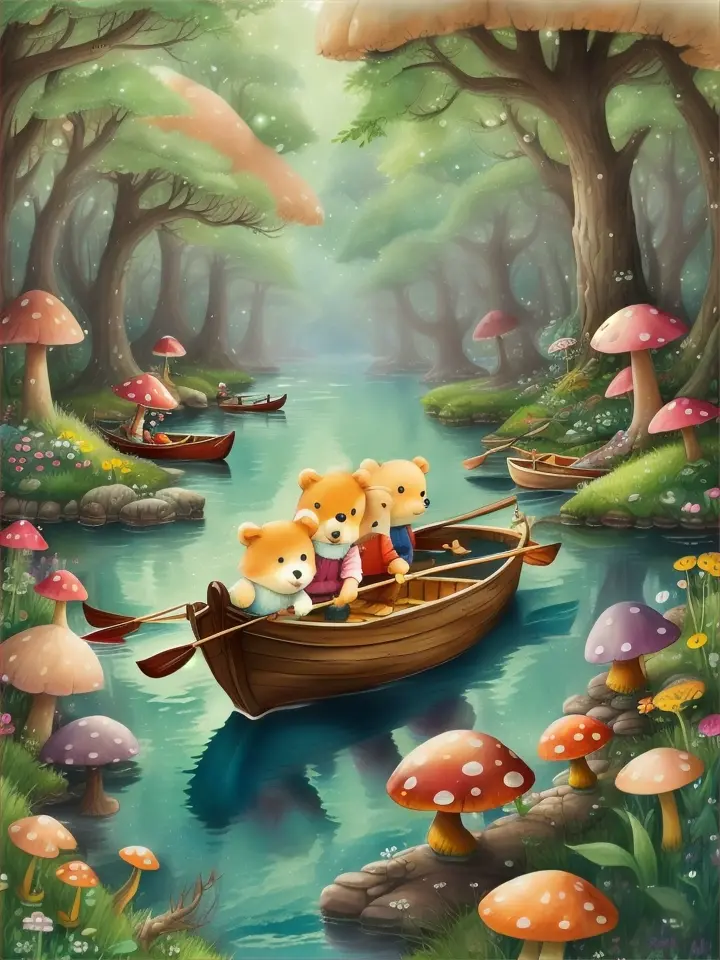 Two cute cartoon bears rowing a boat down a stream through a whimsical forest full of giant mushrooms