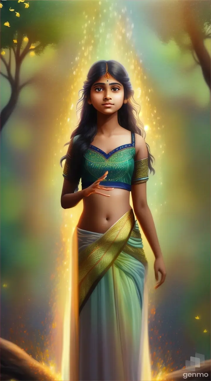 Animated Indian girl with dynamic hand gestures under a canopy of glowing fireflies