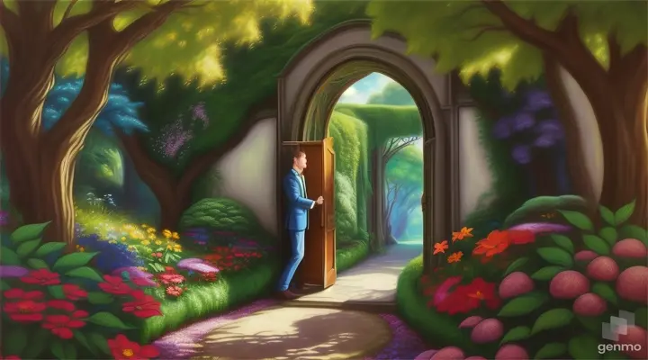 Finding the Secret Garden: Illustrate Max standing in front of a hidden door that leads to a secret garden. The garden is vibrant and full of life, with colorful flowers and tall trees stretching towards the sky.