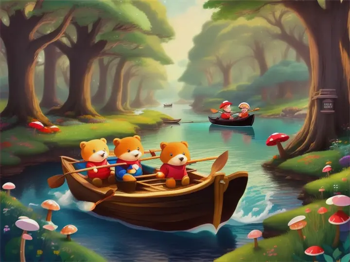 A cute cartoon bears rowing a boat down a stream through a whimsical forest full of giant mushrooms