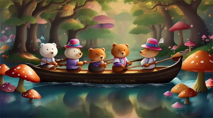 A cute cartoon bears rowing a boat down a stream through a whimsical forest full of giant mushrooms