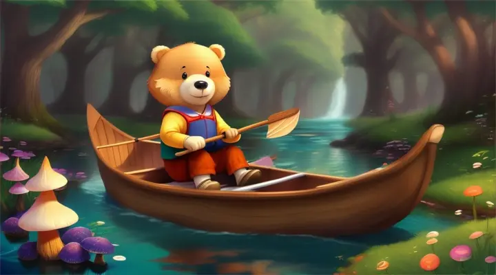 A cute cartoon bear rowing a boat down a stream through a whimsical forest full of giant mushrooms