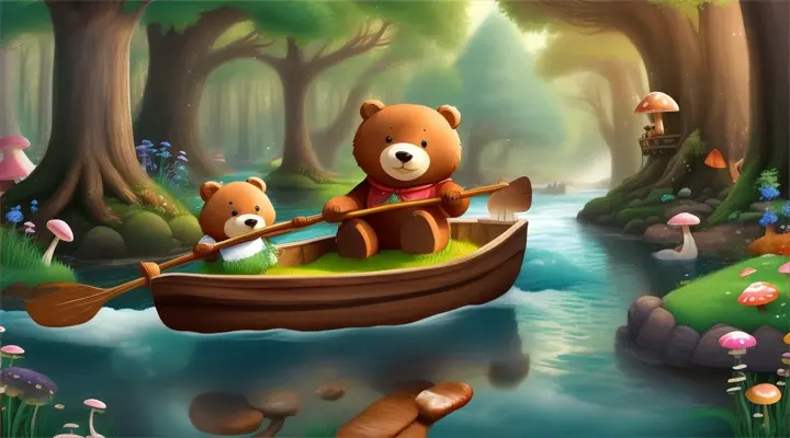 A cute cartoon bear rowing a boat down a stream through a whimsical forest full of giant mushrooms