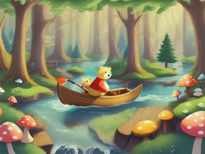 A cute cartoon Bear rowing a boat down a sunlit stream, surrounded by whimsical forest and giant mushrooms