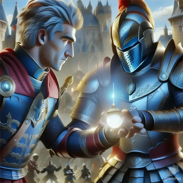 a man in armor holding a glowing ball in front of a castle